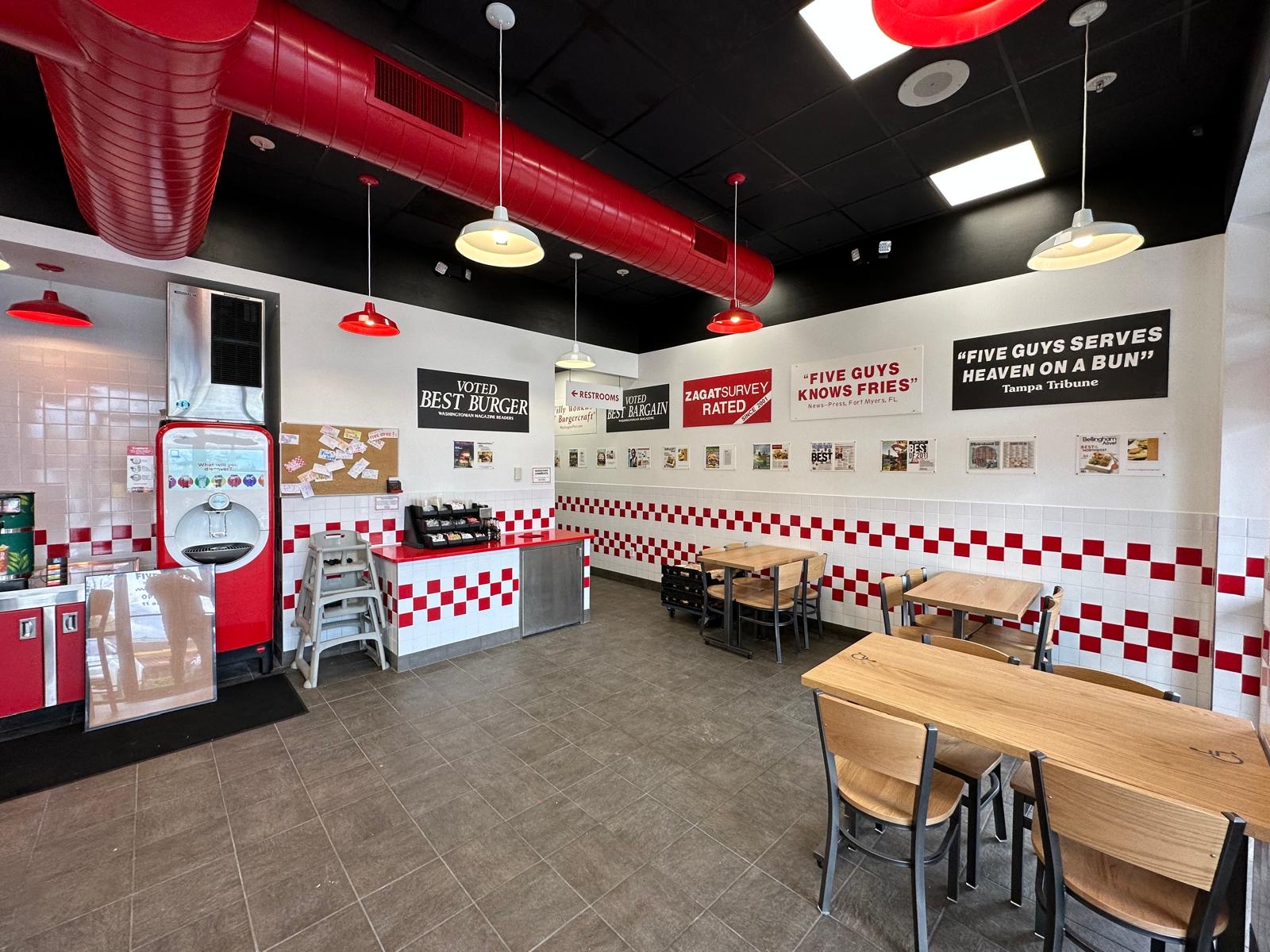 Five Guys interior feature wall and branded graphics